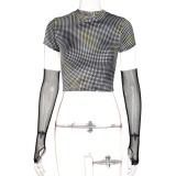 Dot Print Short Sleeves Round Neck Crop Top with Mesh Wrist Sleeves