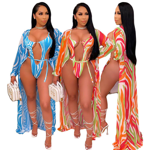 Print Long Sleeves Long Cardigan and Hollow Out Swimsuit 2PCS Set