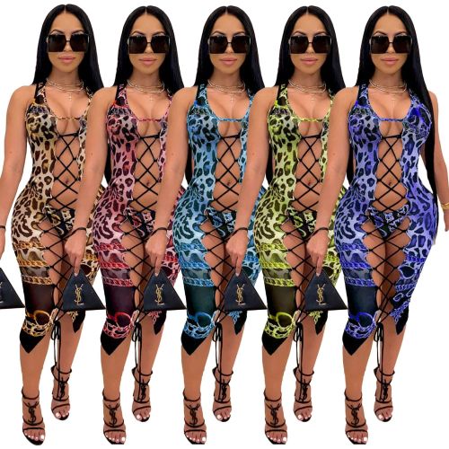 Leopard Print Cami Halter Bikini and Lace Up Hollow Out Midi Dress Three Piece