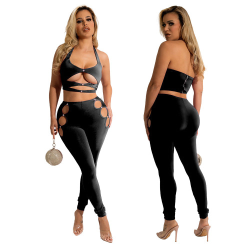 Cami Halter Hollow Out Crop Top and Pants 2PCS Set