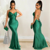 Silk Cami Halter Backless Maxi Fishtail Dress