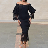 Lace Patchwork Off Shoulder Long Sleeves Fitted Long Dress