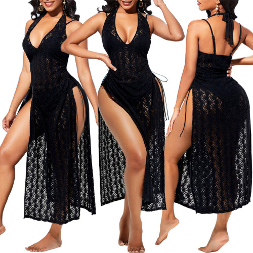 Black Lace See Through Cover Up Slit Long Dress