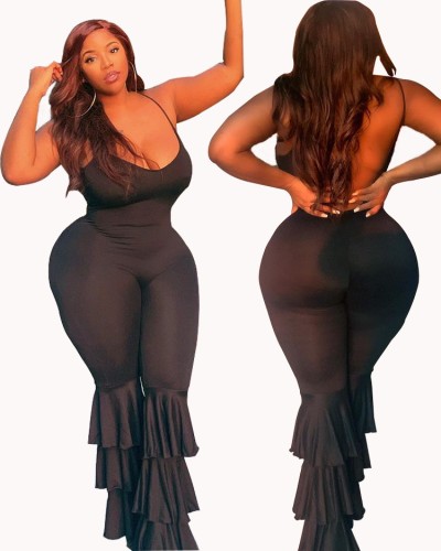 Plus Size Cami Backless Layered Ruffle Jumpsuit