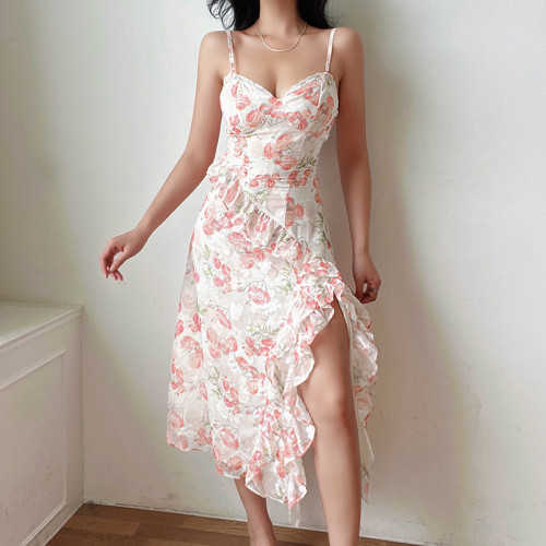 Floral Print Ruffles Cami Long Dress