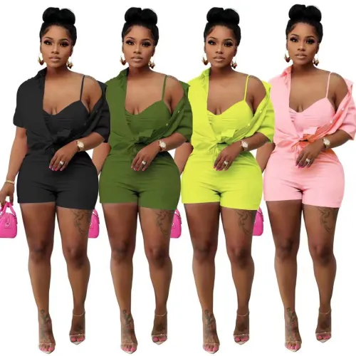 Cami Halter Crop Top with Short Sleeves Blouse and Shorts 3PCS Set