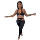 Halter Neck Crop Top and Hollow Out Tight Pants 2PCS Set