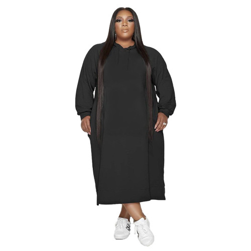 Solid Plus Size Loose Dress with Hood