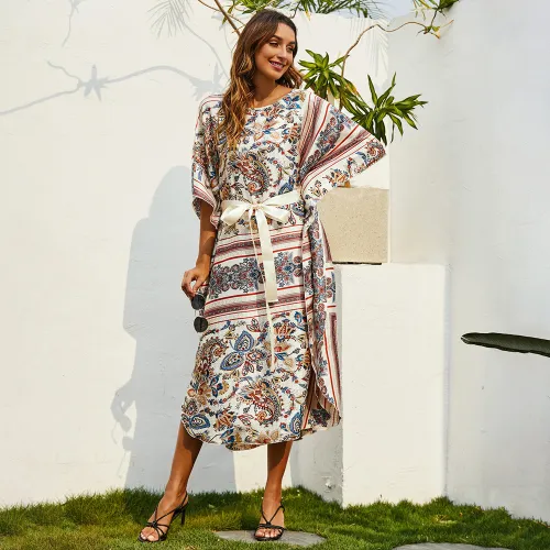 Print O-Neck Loose Half Sleeve Long Dress