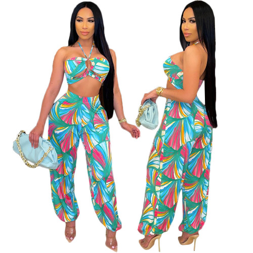 Floral Print Sleeveless Cami Halter Bra and Wide Leg Pants 2PCS Set