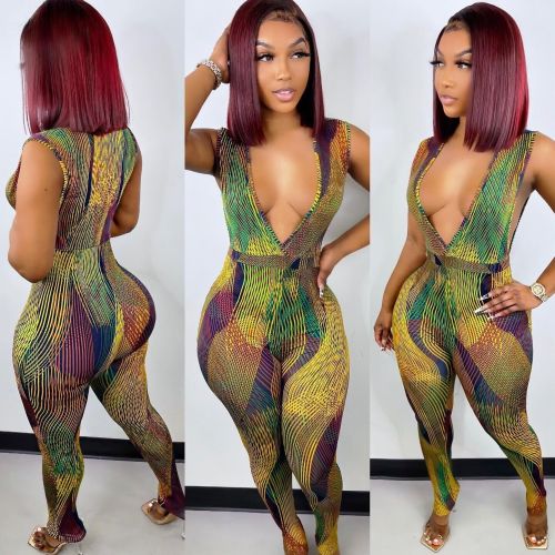 Print Deep-V Sleeveless Bodycon Jumpsuit