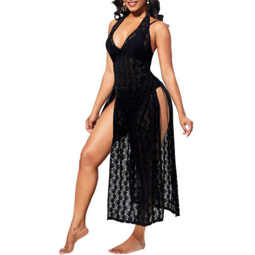 Black Lace See Through Cover Up Slit Long Dress