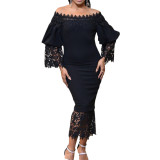 Lace Patchwork Off Shoulder Long Sleeves Fitted Long Dress