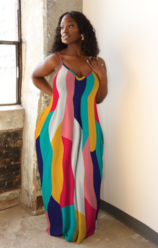 Plus Size Print Multicolor Loose Long Cami Dress