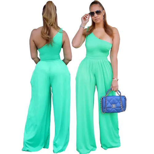 Solid Sexy Casual Sleeveless One Shoulder Wide Leg Jumpsuits