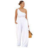 Solid Sexy Casual Sleeveless One Shoulder Wide Leg Jumpsuits