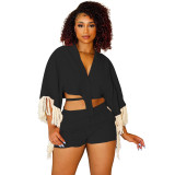 Tassel Trim Deep-V Irregular Top and Shorts Two Piece Summer Outfits
