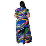 Plus Size Print Multicolor Mesh Mock Neck Short Sleeves Long Dress