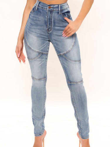 Lt-Blue Patchwork High Waist Jeans with Pocket