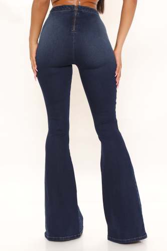 Dk-Blue V-Shaped Waist Back Zip Flared Jeans