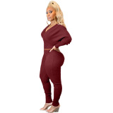 Plain Color Ribbed V-Neck Crop Top and High Waist Pants Long Sleeve Two-Piece Set