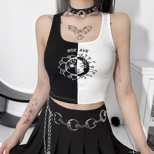 Gothic White and Black Embroidered Crop Tank Top