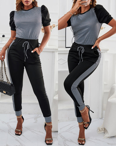 Houndstooth Splicing Short Sleeve Leisuire Two Piece Pants Set