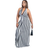 Stripe Halter Neck Backless Maxi Dress
