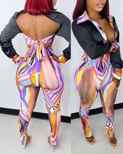 Sexy Open Back Top and High Waist Leggings Satin Print Two Piece Set
