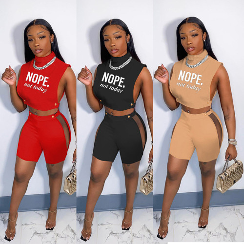 Letter Print Side-exposed Turtleneck Crop Top and Shorts 2PCS Set