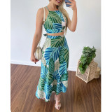 Leaf Print Cami Crop Top And High Waist Skirt 2PCS