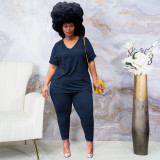 Plus Size Short Sleeves V-Neck Shirt and Tight Pants 2PCS Set