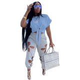 Casual Solid Short Sleeve Tie Front Loose T-Shirt
