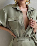Casual Green Blouse Two Piece Shorts Set