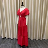 Plus Size V-Neck Solid Color Open Back Maxi Dress