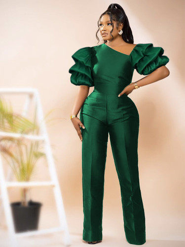 Silk Puff Sleeve Fitted Flare Jumpsuit