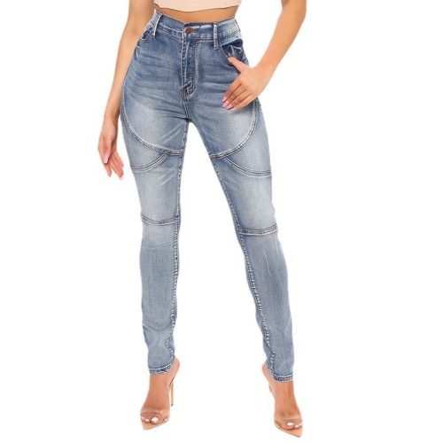 Lt-Blue Patchwork High Waist Jeans with Pocket