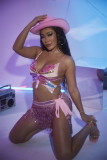 Pink Sequin Bra Top and Tassel Skirt NightclubTwo Piece Set