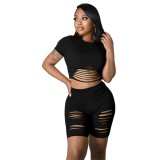 Wholesale Ripped Short Sleeve Two Piece Shorts Set
