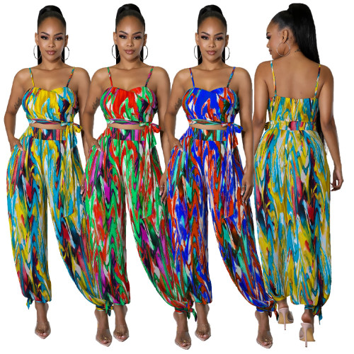 Sexy Colorful Print Crop Top and Pants Leisure Two Pieces