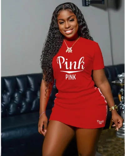 Plus Size Letter Print Short Sleeves O-Neck Tee and Mini Skirt 2PCS Set