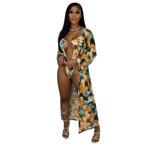 Printed Sexy Cut Out Swimsuit With Cover Up Cardigan