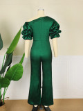 Silk Puff Sleeve Fitted Flare Jumpsuit
