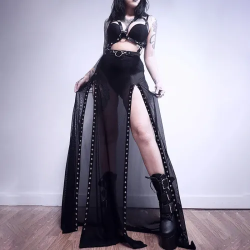 Gothic Sexy See Through Mesh Lace Up Slit Long Skirt