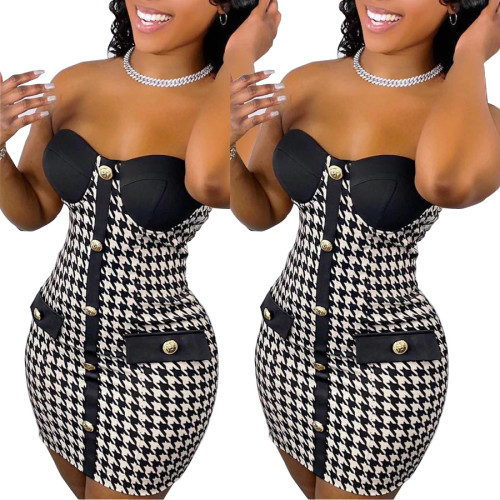 Houndstooth Strapless Button Up Bodycon Mini Dress