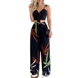 Print Cami Sleeveless Crop Top and wide-leg pants 2PCS set