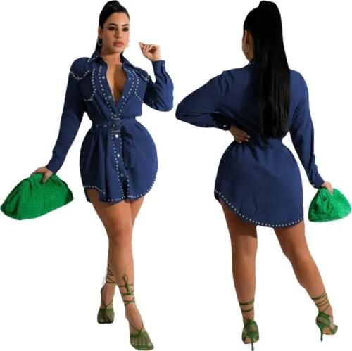 DK-Blue Rivet Long Sleeves Pocket Denim Dress with Belt