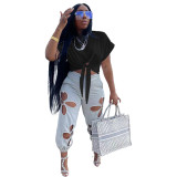 Casual Solid Short Sleeve Tie Front Loose T-Shirt