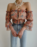 Off Shoulder Print Floral Flare Sleeve Chiffon Top