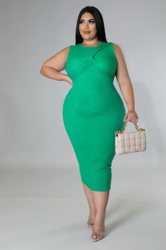 Plus Size Solid Color Sleeveless O-Neck Back Zip Long Dress